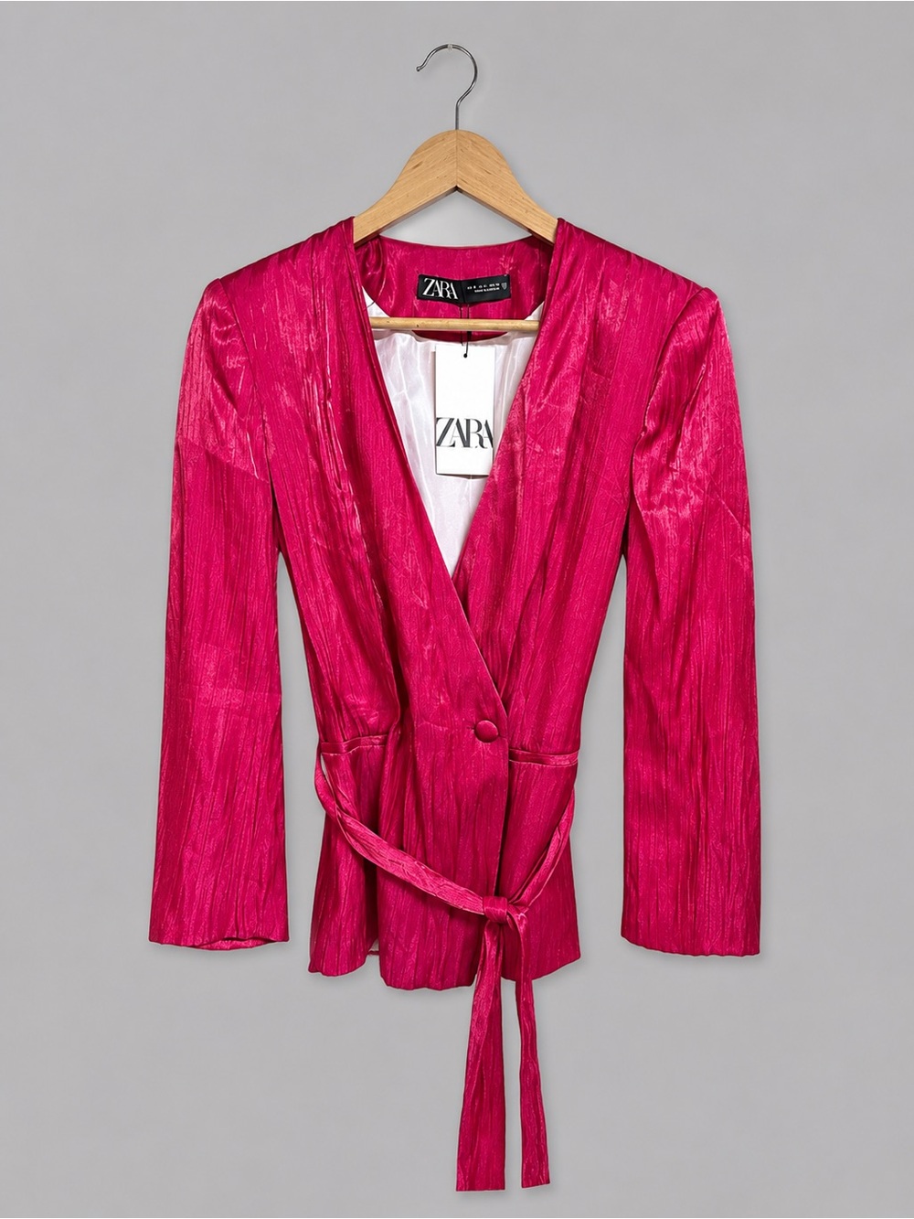 Zara Fuchsia Crinkle Effect Belted Blazer Size Small NWT - Picture 2 of 6